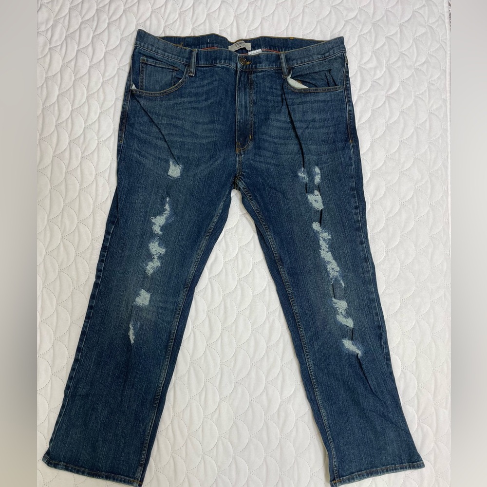 Denim Gold Mens Jeans Straight Leg Denim Blue Dark Wash Ripped Regular Fit 44x30